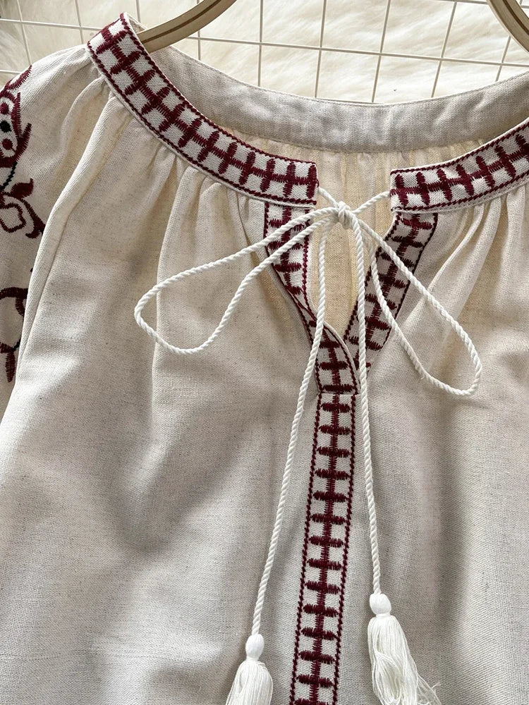 Women's Retro Blouse National Style Embroidered Lace-Up Tassel V-Neck Lantern Sleeve Tops Loose All-Match Female Blusa A02