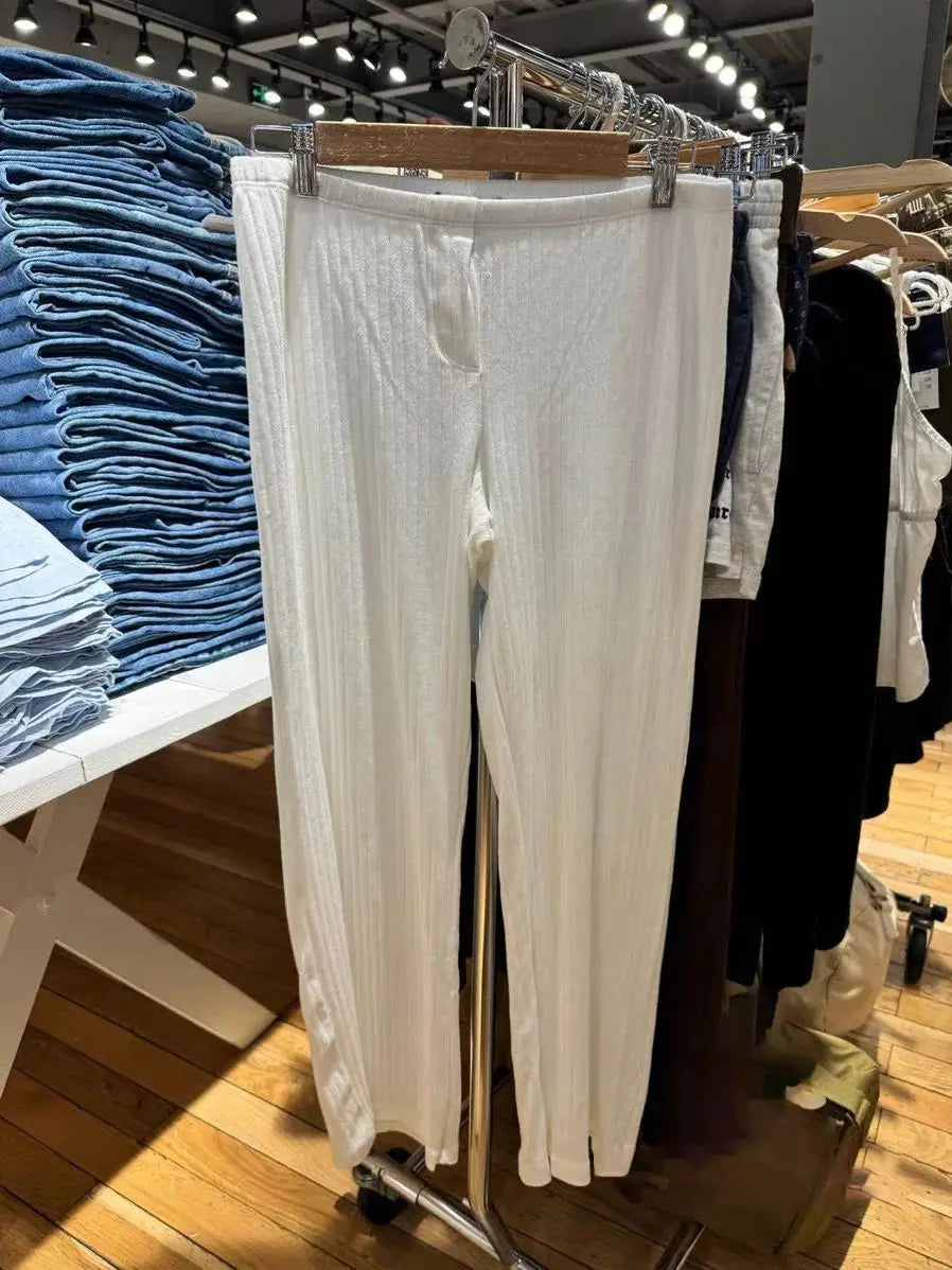 Eyelet White Tank Pant Home Set Woman Bow Slim Crop Top+Elastic High Waist Straight Trousers Summer Cotton Pajama 2 Piece Sets