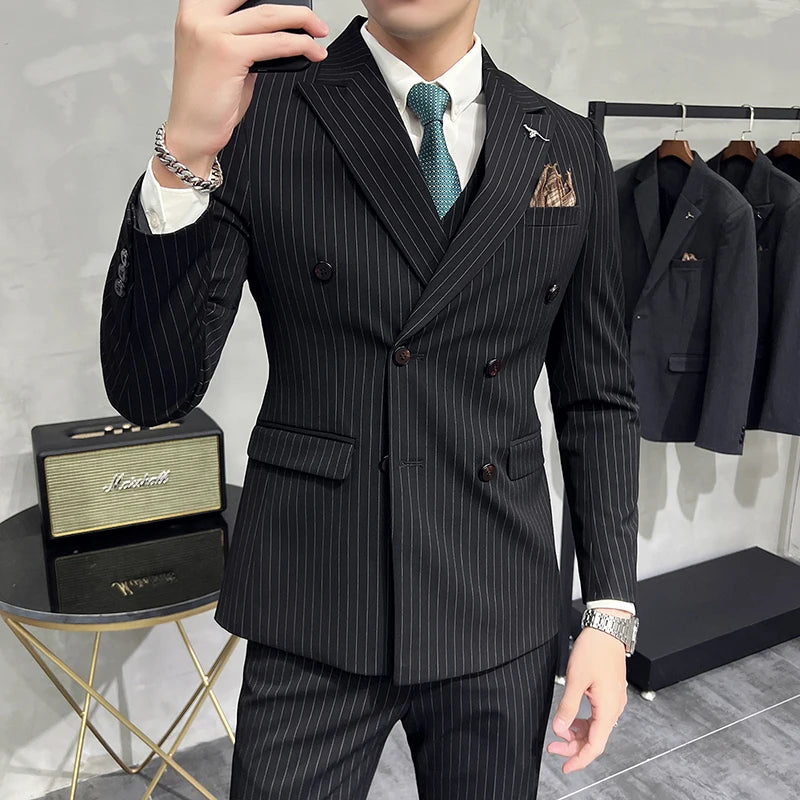 ( Blazer+Vest+Pants ) Groom Wedding Male Suit Luxury Brand Fashion Striped Men's Casual Business Office Double Breasted Suit