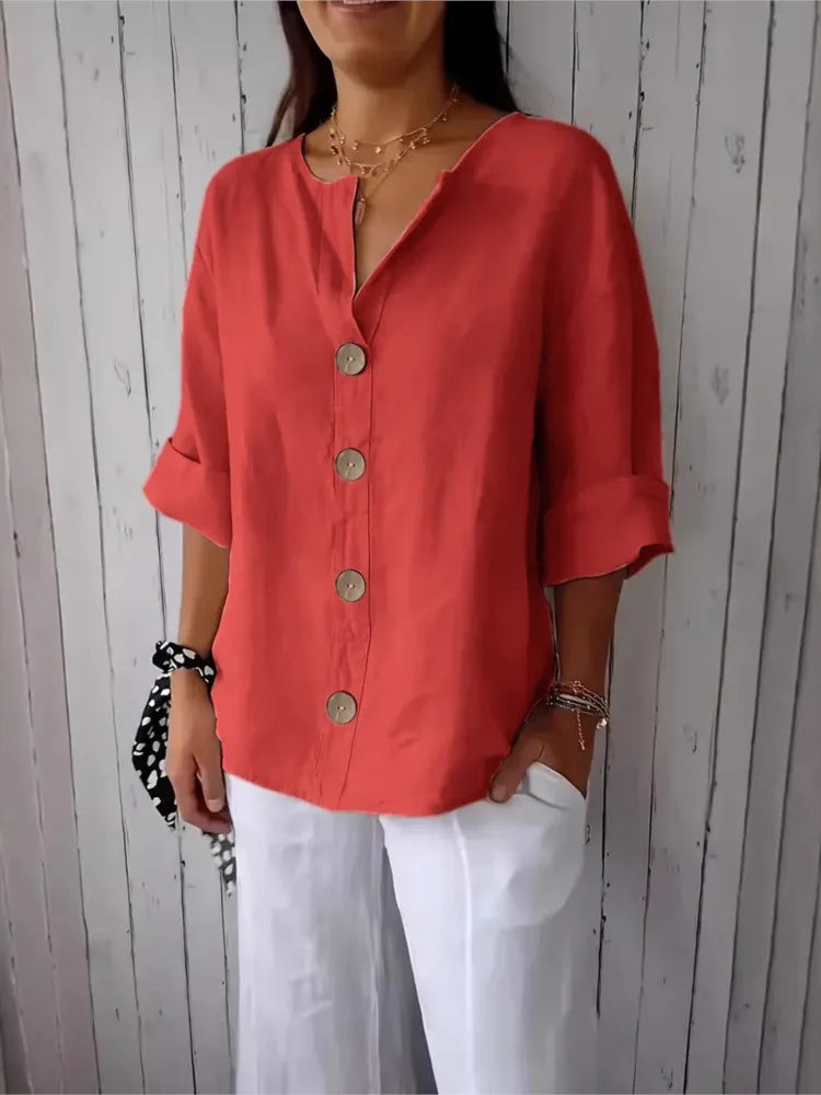 New Summer Loose Shirt Women's V-neck Cotton Linen Button Top Casual Shirts Solid Fashion Elegant Office Womens Clothing 2025
