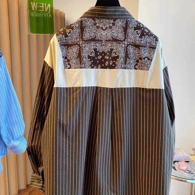 Folk Vintage Women's 2024 New Patchwork Polo Collar Printing Button Stripe Fashion Loose Casual Long Sleeved Blouses Shirts