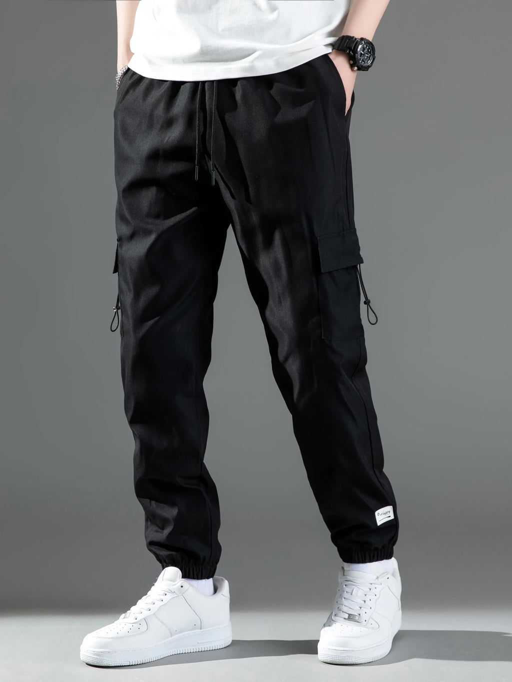 Mid Waist Stylish Drawstring Design Men Trouser Polyester Overalls Thermal for Dating Cargo Pants Pocket
