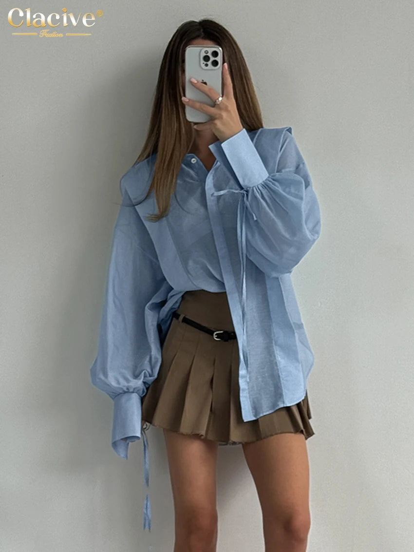 Clacive Fashion Loose Pink Cotton Women Shirts 2024 Casual Lapel Long Sleeve Blouse Elegant Classic Lace-Up Top Female Clothing