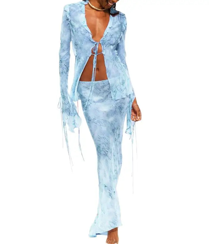 Women Chic Elegant Skirt Set Sexy Mesh Sheer Tie Front Flare Sleeve Tops and Long Skirt Suits Summer Fashion Two Piece Outfits