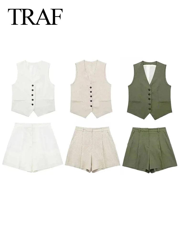 TRAFZA Women Vinatge Fashion Shorts Set Solid White Sleeveless Vest+Pockets Pants Female Two Pieces Set Street Roupa De Mujer