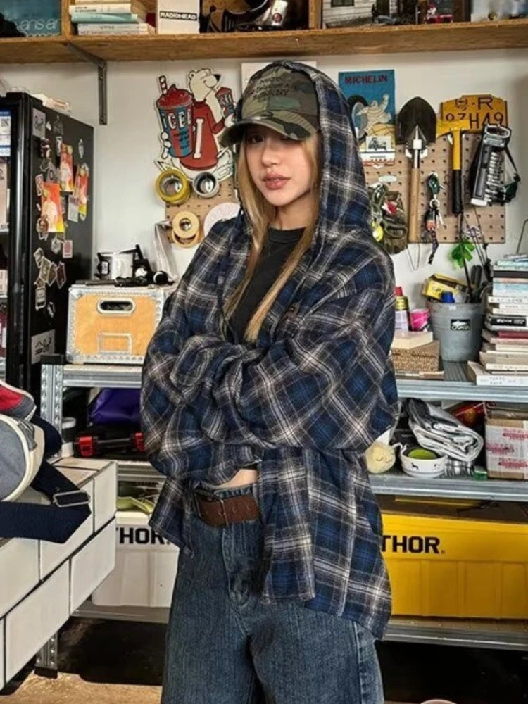 HOUZHOU Vintage Plaid Shirts Women Harajuku Long Sleeve American Style Drawstring Hooded Blouses Loose Casual Streetwear Spring