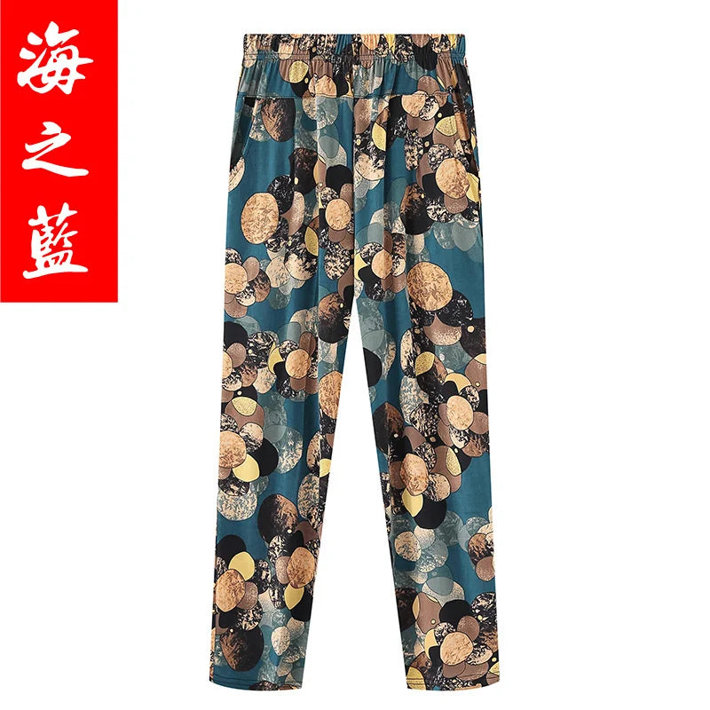 Summer Women's Printed Pants 2023 New Elastic High Waist Thin Ice Silk Pants Loose Large Size Women's Casual Ninth Pants 7XL 8XL