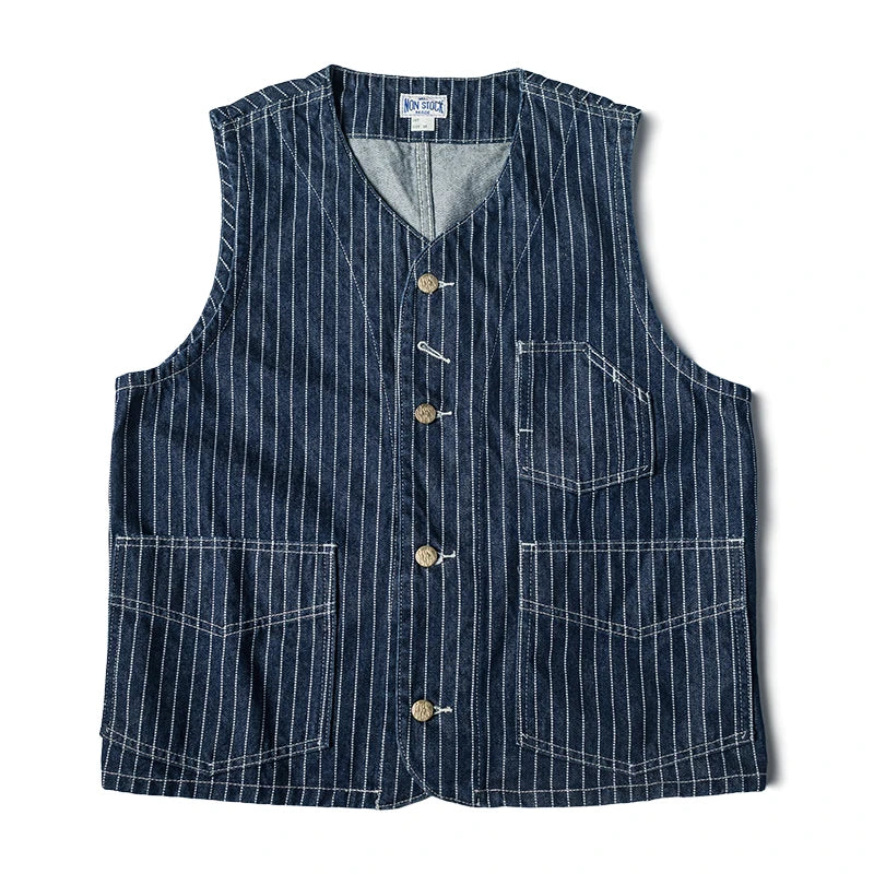 Non Stock 1930s Three-Pocket Wabash Work Vest Retro Men's Striped Sleeveless Jacket