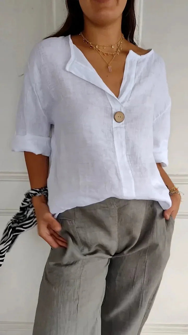 Summer Shirt And Blouses For Women Top V-neck Button Tee Shirts Casual 3/4 Sleeve White Top Loose Fit Pullover Women's