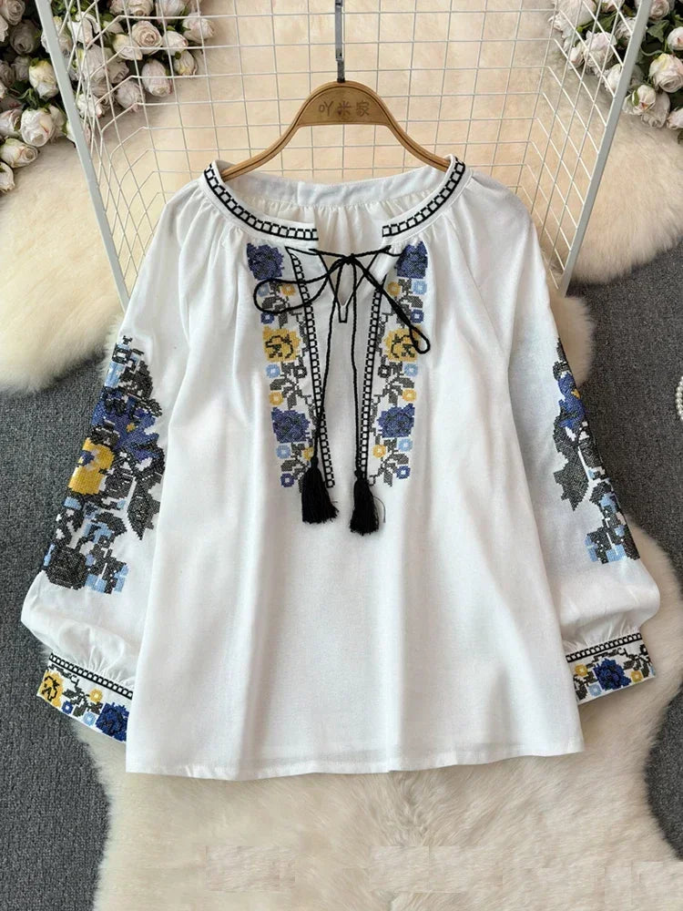 2025 Spring Retro Embroidered Shirt Top Female Lace Up Tassel Loose Lantern Sleeves Ethnic Style Blouse Female A70