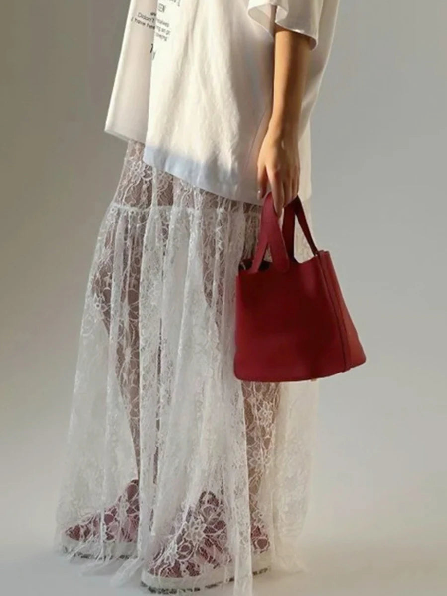Lace Jacquard Transperant Skirt Women Summer New High Waist Sexy Casual Long Skirts 2025 Streetwear Fashion White Maxi Skirt