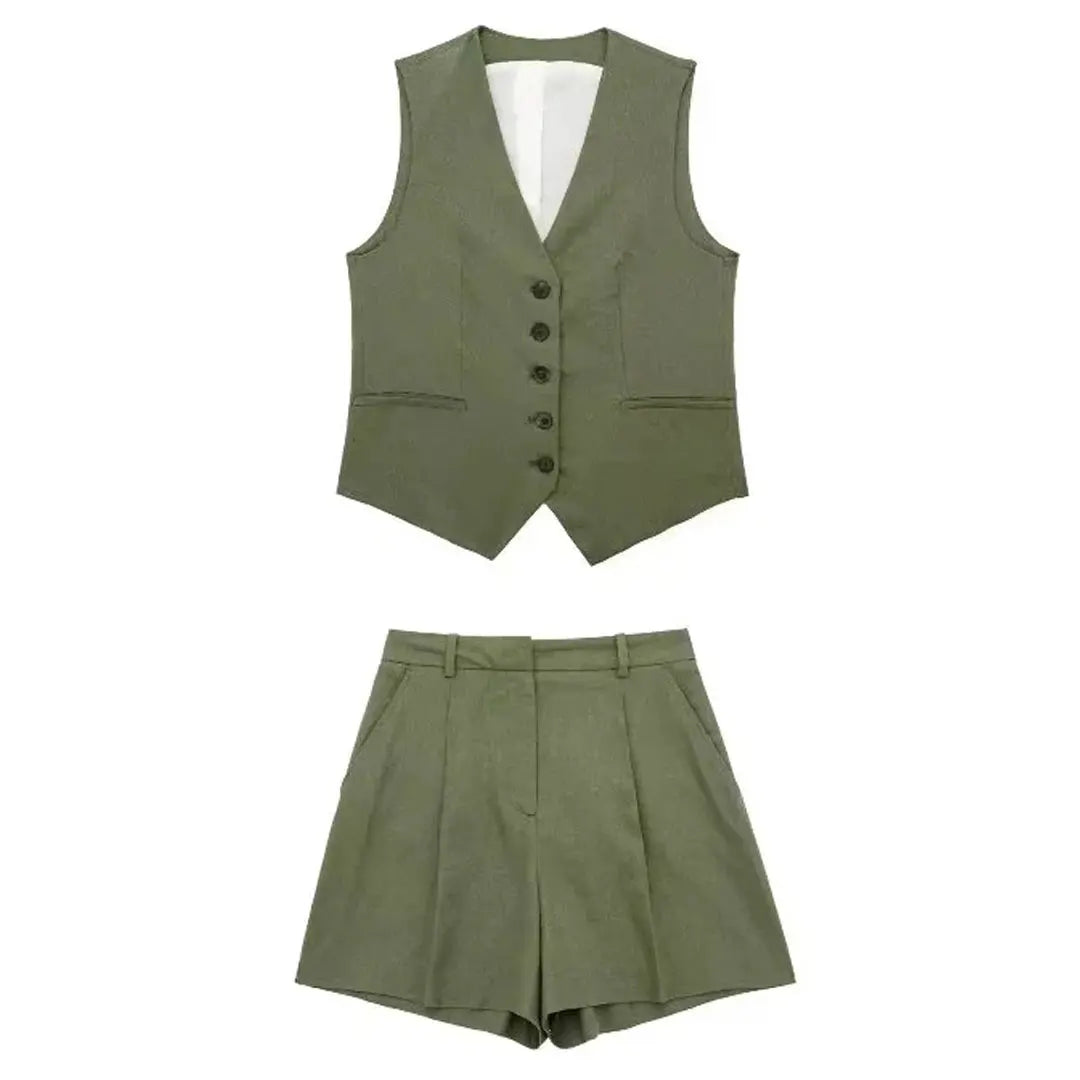 TRAFZA Women Vinatge Fashion Shorts Set Solid White Sleeveless Vest+Pockets Pants Female Two Pieces Set Street Roupa De Mujer