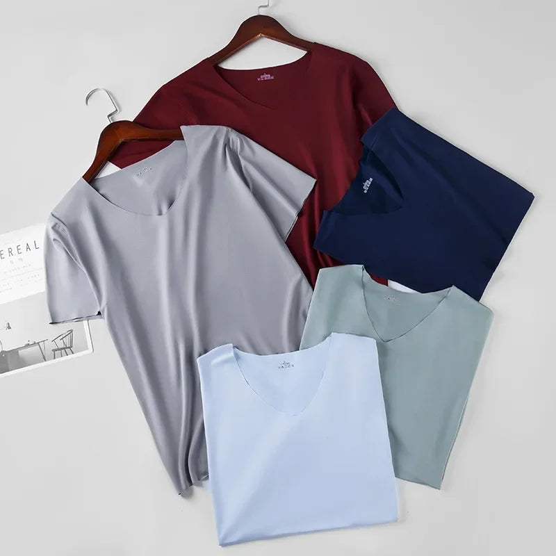 Men's Skinny Undershirt Plus Size Ice Silk Basic Shirts Breathable V-Neck Seamless T-shirt Underwear Thin Slim Bottoming Shirt