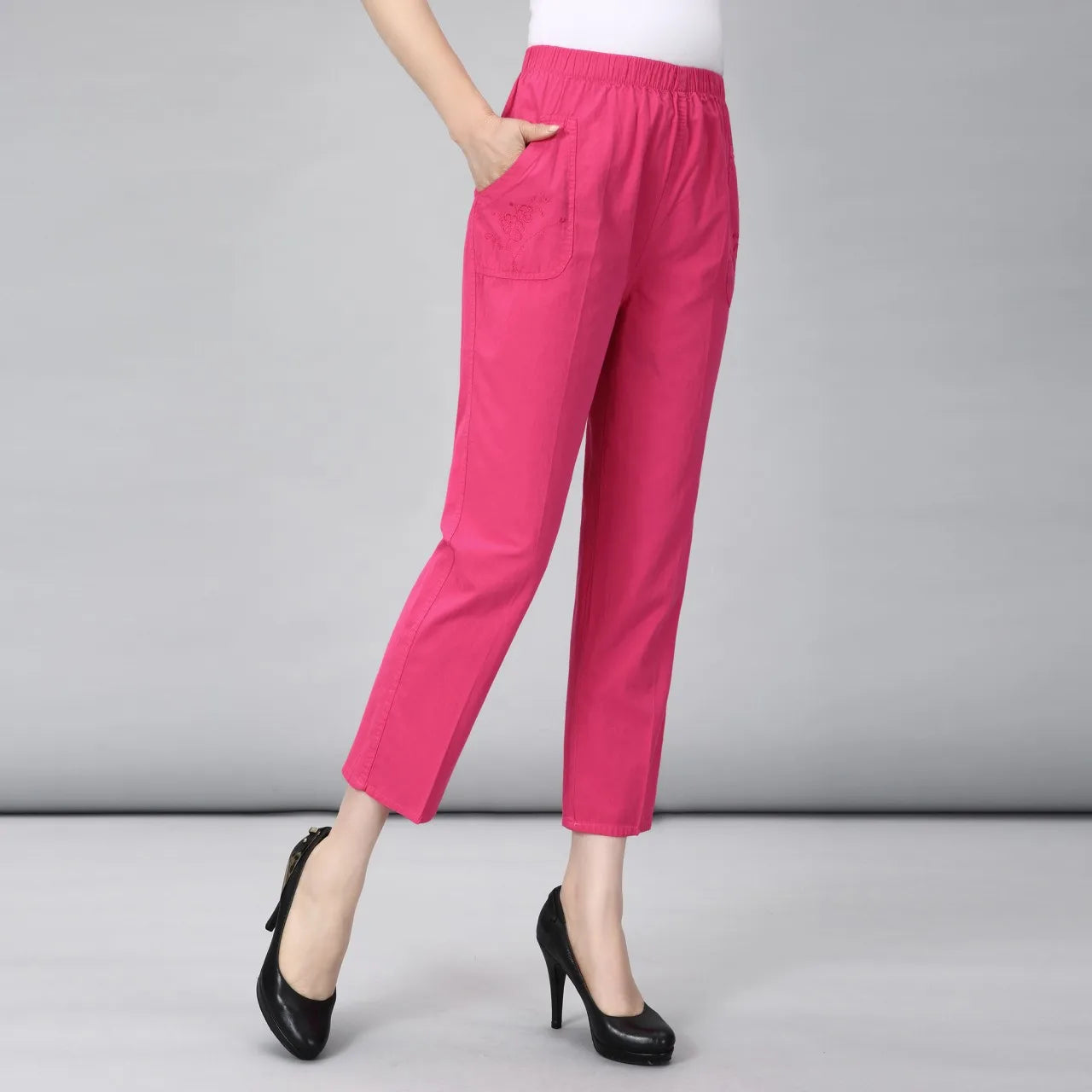 Spring Summer Casual embroidery Cotton Pants Women's Korean Thin Harem Pants Elastic Waist Middle-aged Female Linen Trousers