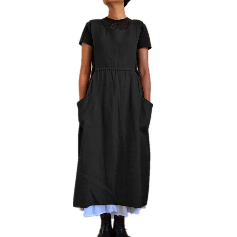 3 Color Oversized S-5XL Loose Cotton Linen Apron Midi Dress For Women Casual Pocket Homewear Solid Color Kitchen Uniform