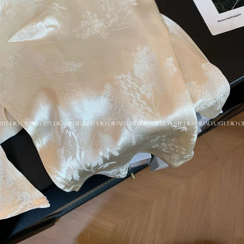 New Chinese Style Sleeveless Shirt Top High Neck Buckle Thin Satin Floral Female Shirt Summer Slim Mature Woman Short Sleeve