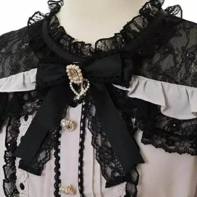 Harajuku Sweet Blouses Women Lolita Elegant Love Heart Bow Off Shoulder JK Shirt Girls Casual Lace Ruffles Y2k Tops Mujer Blusas