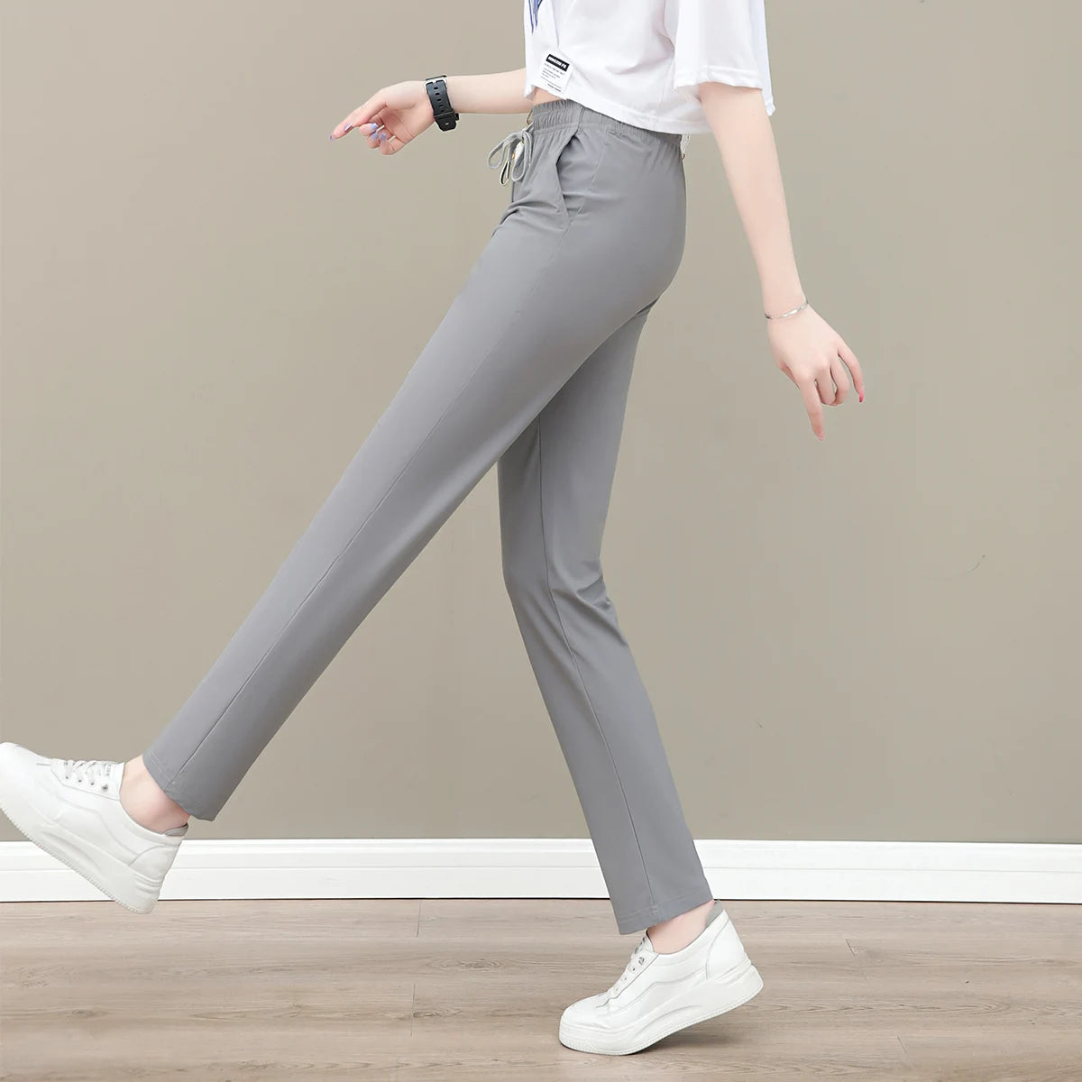 New Women'S Fashion Loose Summer Thin Ice Silk Pants Mom'S Casual High Waist Comfortable Versatile Sports 9-Point Trousers