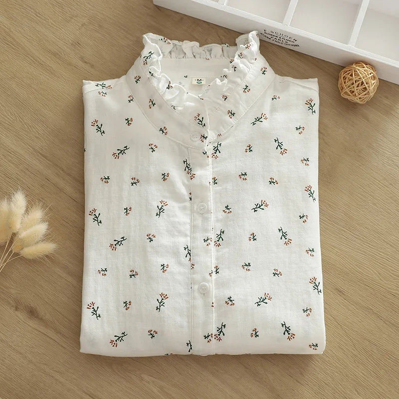 Exquisite Floral Printed Shirt Women 2024 New Sweet Fresh Style Ladies Blouses & Tops Casual Female Cotton Yarns Shirt Clothes