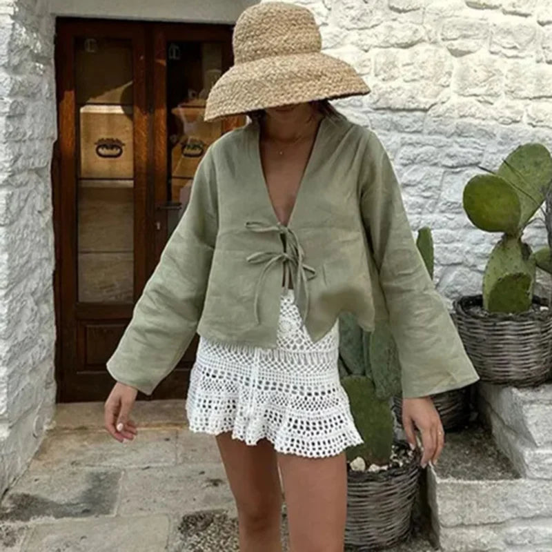 ALOBEE Shirt Women Elegant 2024 New Summer Street Female Comfortable Tops Loose Lace Up Leisure Bow Long Flare Sleeve Lady