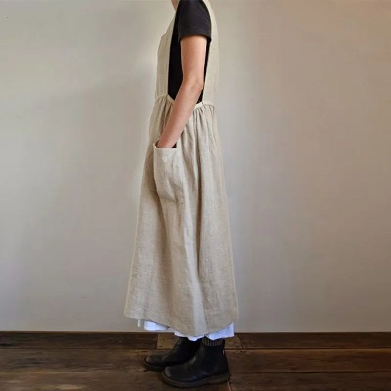 3 Color Oversized S-5XL Loose Cotton Linen Apron Midi Dress For Women Casual Pocket Homewear Solid Color Kitchen Uniform