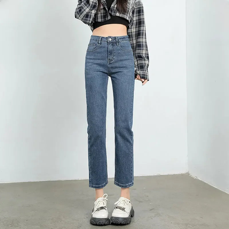 Charcoal Grey High-waist Straight-leg Jeans For Women Versatile Slimming Autumn/winter Pants