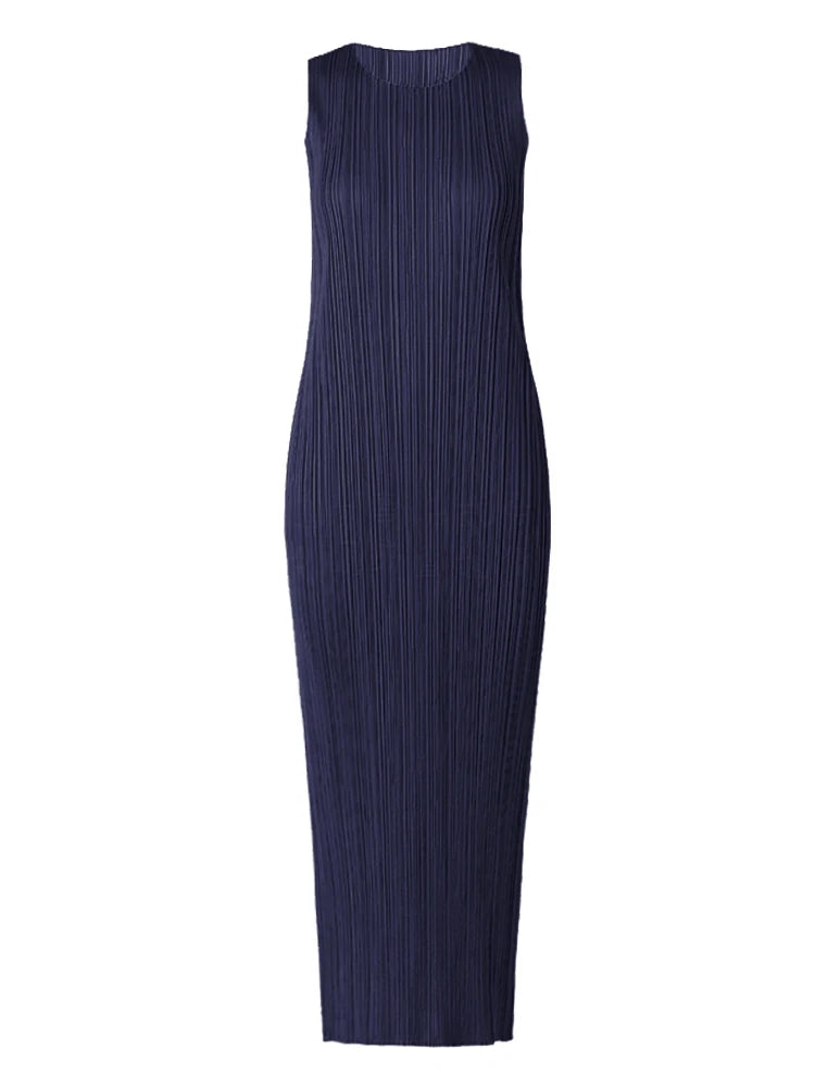 Miyake Pleated Women Dress Summer Sleeveless Long Classic Korean Fashion Casual Elegant Female Lce Water Blue Beach Dress TP5045