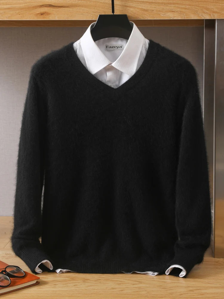MVLYFLET 2024 NEW Men's 100% Mink Cashmere Sweater V-Neck Pullovers Knit Large Size Winter New Tops Long Sleeve High-End Jumpers