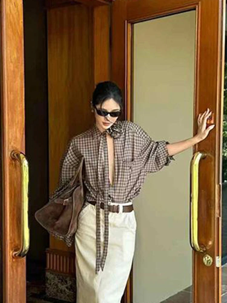 Jmprs Hollow Out Y2K Plaid Shirts Women Streetwear Vintage 3D Floral Lace Up Blouse Gothic Long Sleeve Loose American Casual Top