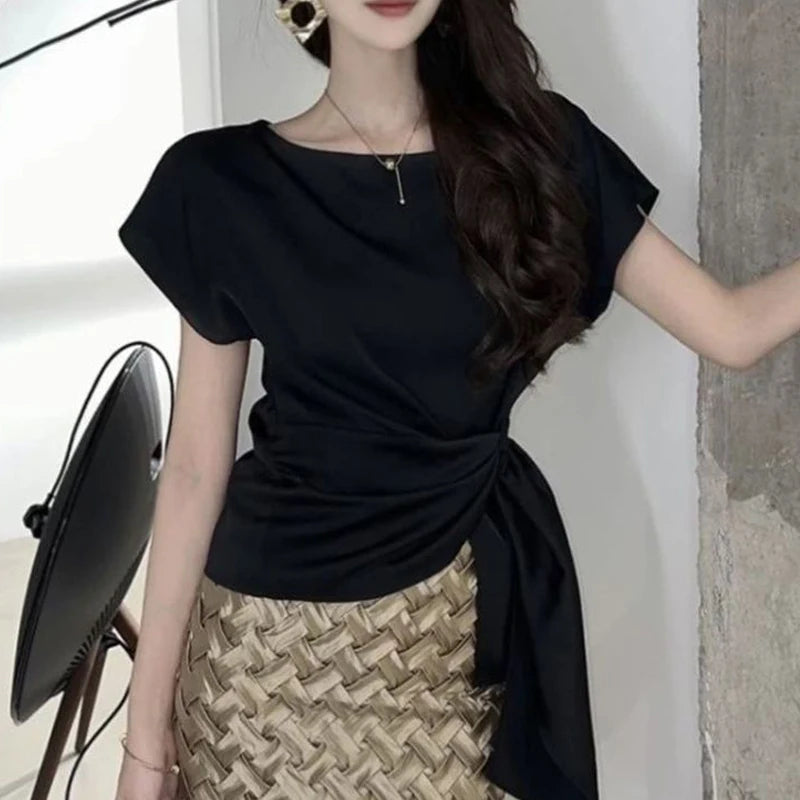 Women's Korean Fashion Lace Up Asymmetrical Designer Blouse Office Lady Luxury Elegant Shirt Short Sleeve Solid Slim Tops Blusas