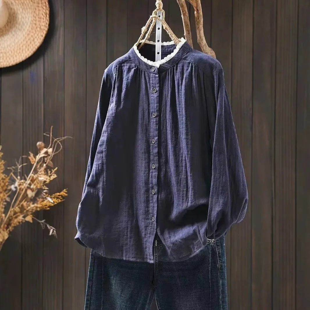 Women Long Sleeve Cotton Shirt New Arrival 2024 Autumn Vintage Style Lace Stand Collar Loose Female Casual Tops Shirts M283