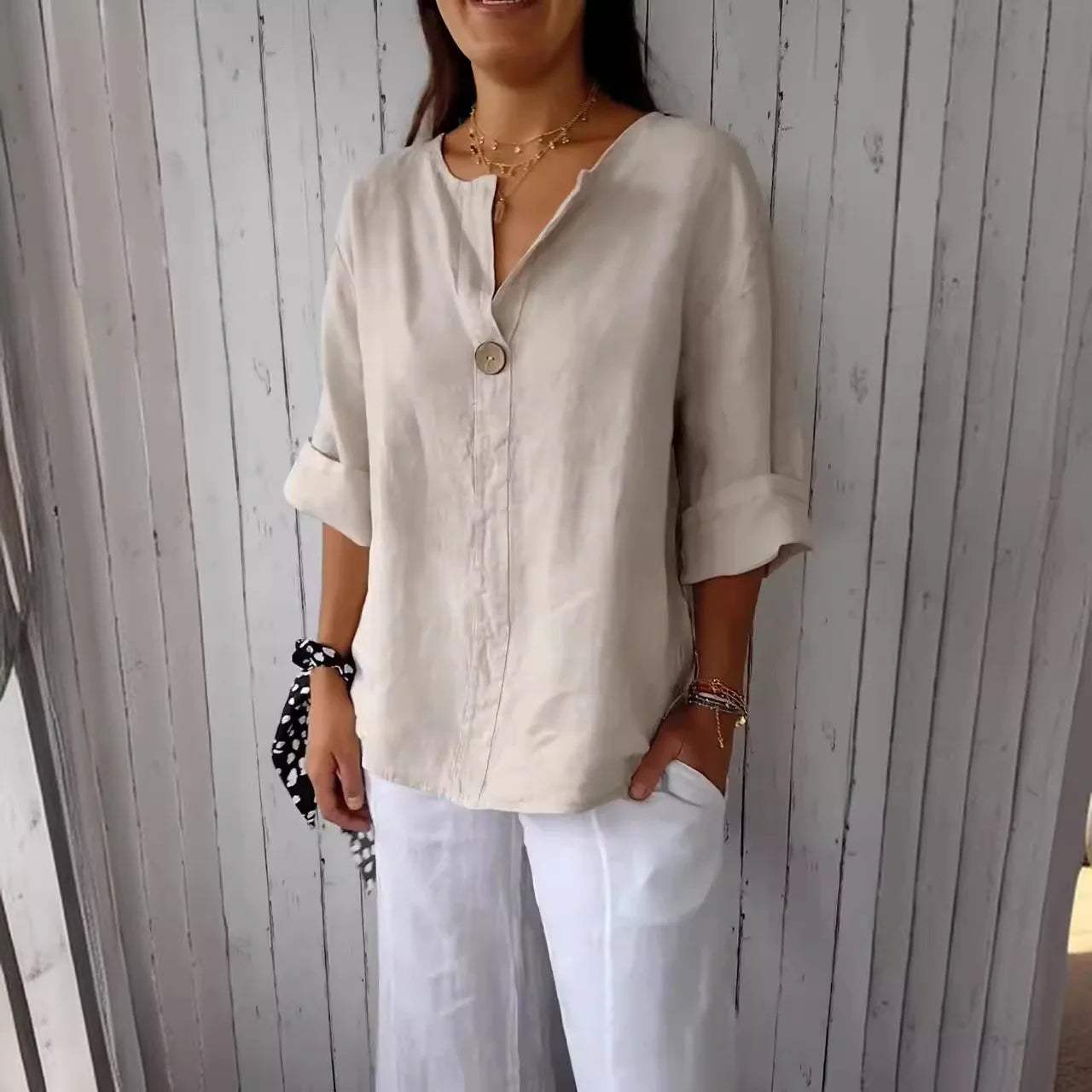 Summer Shirt And Blouses For Women Top V-neck Button Tee Shirts Casual 3/4 Sleeve White Top Loose Fit Pullover Women's