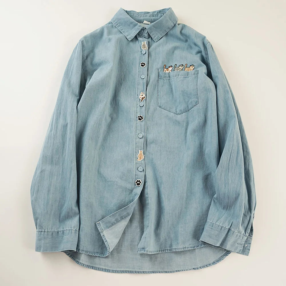 Harajuku fashion cotton denim spring blouses 2025 long sleeve women's embroidered shirts pretty blouses woman jean shirts