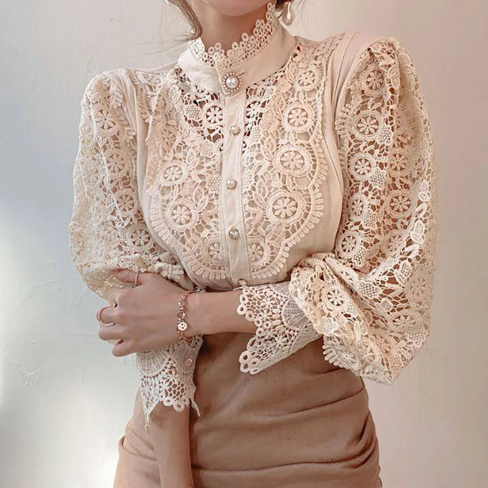 White Lace Blouse Women Spring Summer Sexy Long Sleeve Pearl Button Flower Hollow Out Blusas See Through Mesh Shirt Tops