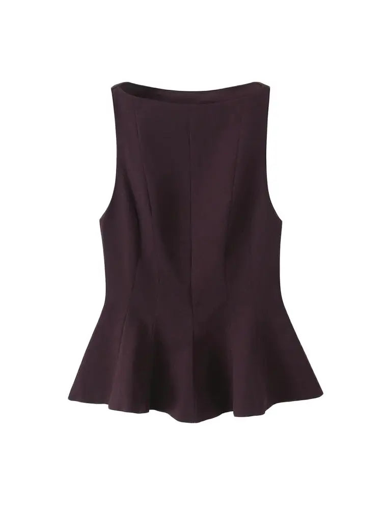 TRZA-Fitted Ruffled Blouses for Women, O Neck, Sleeveless, Side Zipper, Female Shirts, Chic Tops, Fashion