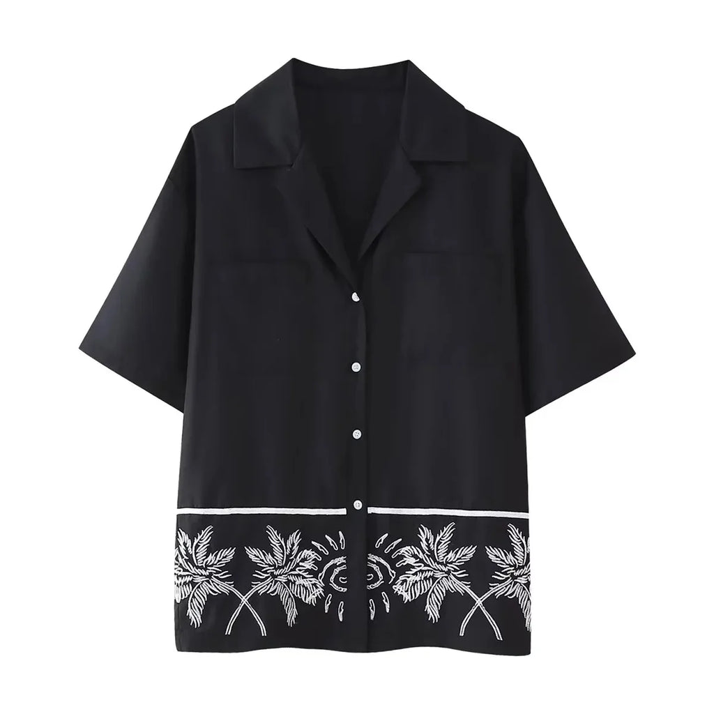 2024 Summer New Women Casual Lapel Short Sleeve Embroidered Shirt Tops Elastic High Waist Straight Pants Women Two Piece Sets