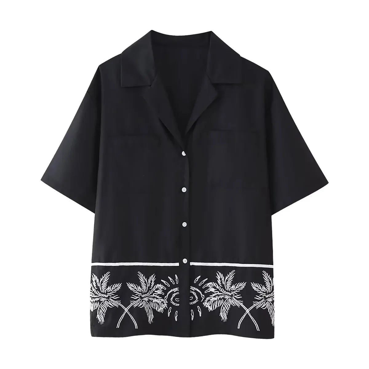 2024 Summer New Women Casual Lapel Short Sleeve Embroidered Shirt Tops Elastic High Waist Straight Pants Women Two Piece Sets