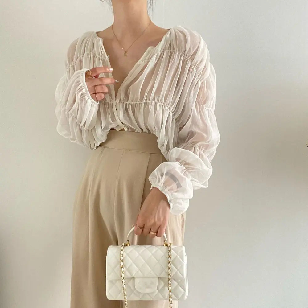 2Colors Korean style long sleeve blouses 2022 Spring Autumn womens Loose Pleated Chiffon tops and blouse Outwear Shirts(C0001)