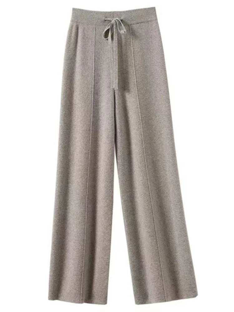 100% Pure Wool Pants Cashmere Wide Leg Trousers Women's Long Britches Knit Loose Daks Casual Pants Autumn Winter High Waist Daks