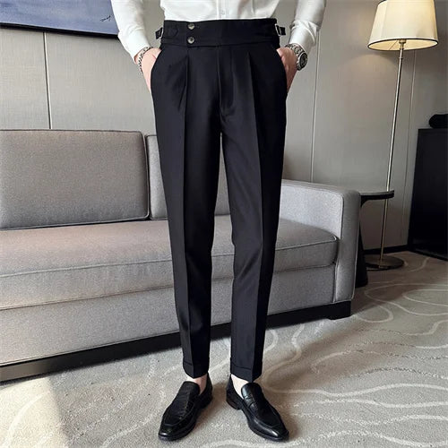 Pure Color Male Business Wedding Dress Pants Fashion Unique Design Men Waist Adjustable Suit Pant No Belt Slim Trousers Homme