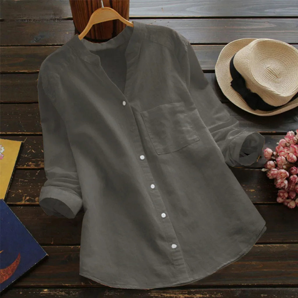Women's Casual Retro Cotton And Linen Shirts Loose Solid Color V-neck Cardigan Button ladies Yellow White Autumn Shirt Tops
