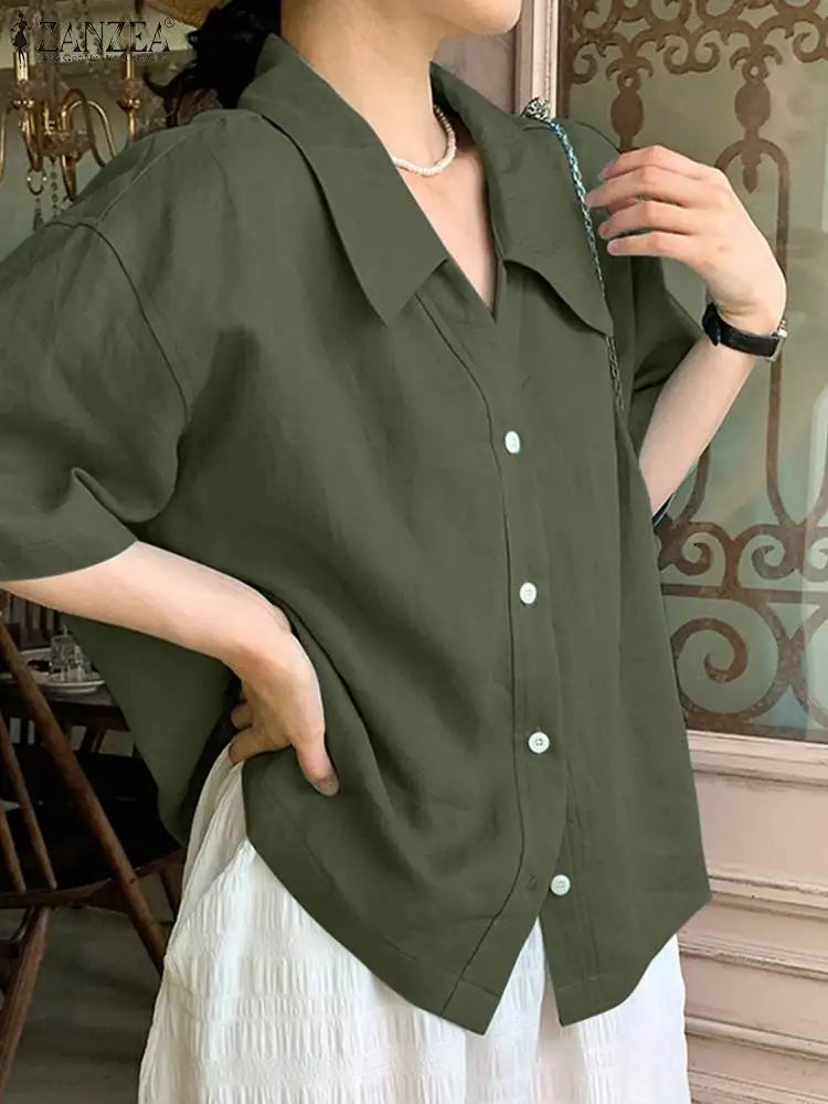 2023 ZANZEA Summer Shirt Women Blouses Turn-Down-Collar 3/4 Sleeved Buttons Up Blouse Loose Tops OL Shirts Solid Blusas Tunic