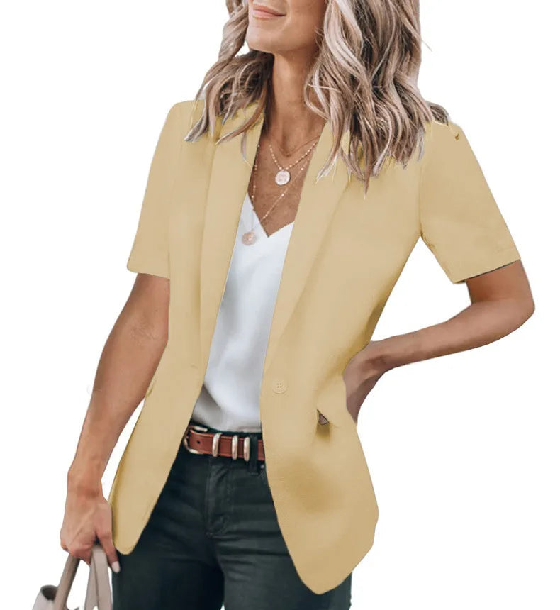 Summer women's temperament, fashionable and loose fitting small suit, European and American solid color suit collar, short sleev
