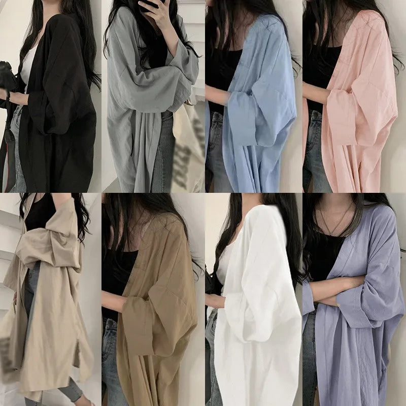 Summer Korean Version Loose Fit Women's Long Cardigan Summer Solid Color Breathable Thin Windbreaker Sunscreen Clothing