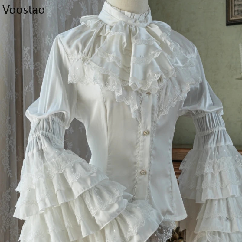 Victorian Elegant Lolita Style Shirts Japanese Women Vintage Gothic Lace Ruffles Flare Long Sleeve Blouses Sweet Y2k Slim Tops