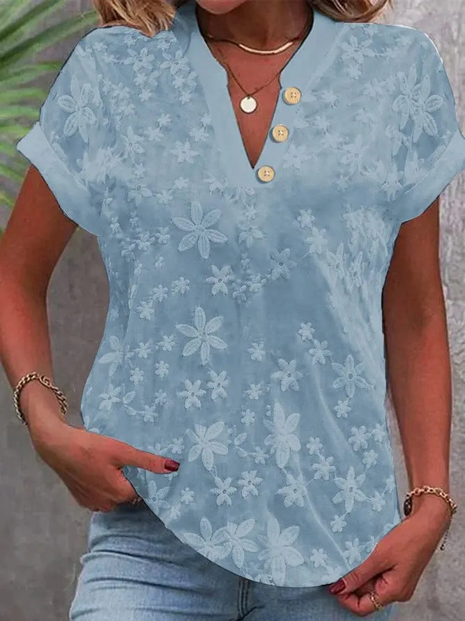 Women Shirt Pullover Solid Blouses Spliced V Neck Shirts Casual Summer 2024 Loose Fit Slight Strech Button Basics Embroidery