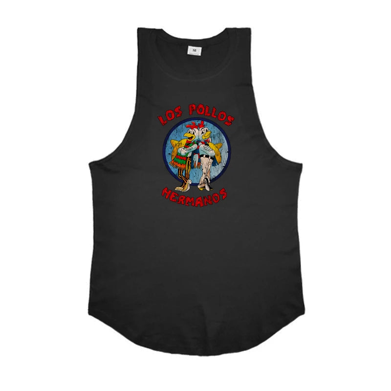 LOS POLLOS Hermanos Funny Printed Gym Clothing Mens Bodybuilding Fitness Running Tank Tops Cotton Cool Sleeveless Sport Shirt