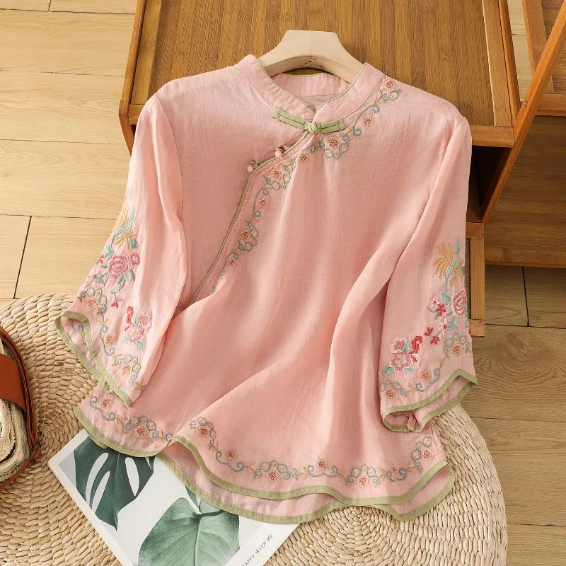 Chinese Style Women's Shirt Summer Embroidery Vintage Blouses Loose Short Sleeve Women Tops Cotton Linen Clothing 2024 Korean