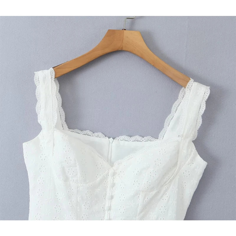 YENKYE Sexy Women Fashion Hollow Out Embroidery Sling White Dress Summer Sleeveless  Low Waist Female Party Mini Dresses