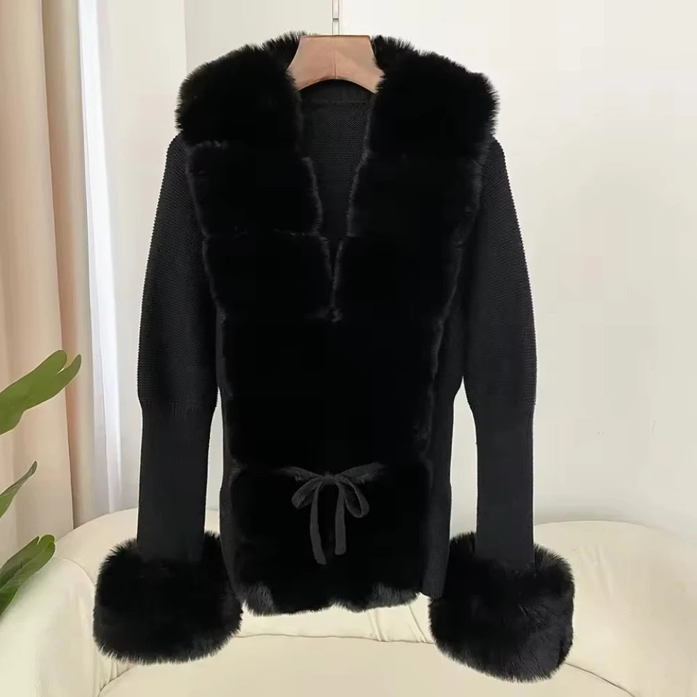 FURYOURSELF 2025 Autumn Winter Women's Short Knitted Sweater with Artificial Fur New Brazilian Best-selling Women's Cardigan